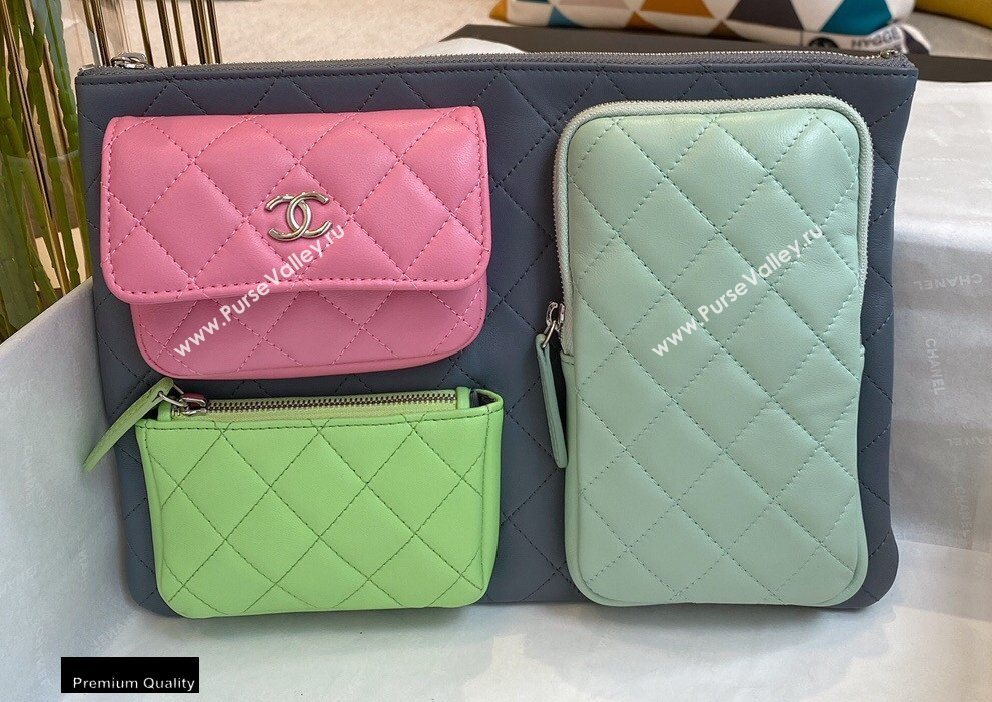 Chanel Pouch Clutch Bag with Multiple Pockets 1054 Gray/Green/Pink 2020 (smjd-20091825)