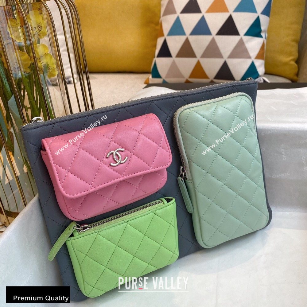 Chanel Pouch Clutch Bag with Multiple Pockets 1054 Gray/Green/Pink 2020 (smjd-20091825)