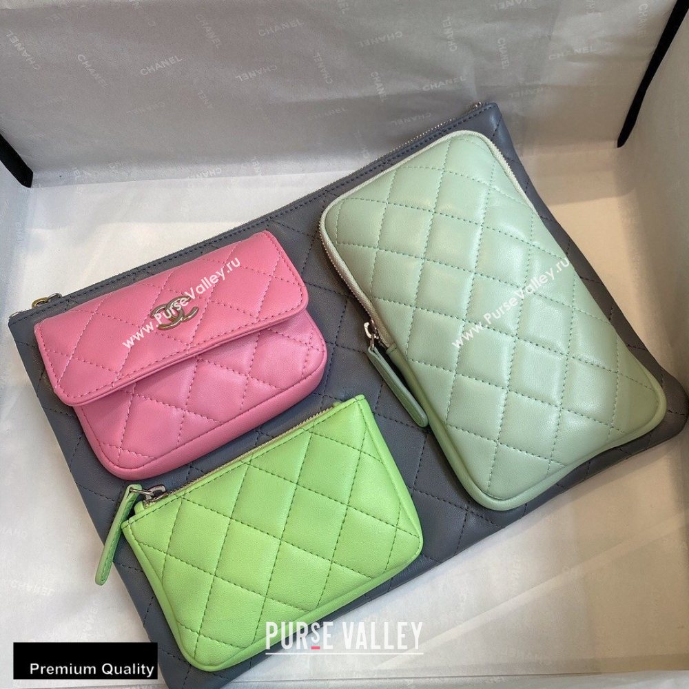 Chanel Pouch Clutch Bag with Multiple Pockets 1054 Gray/Green/Pink 2020 (smjd-20091825)