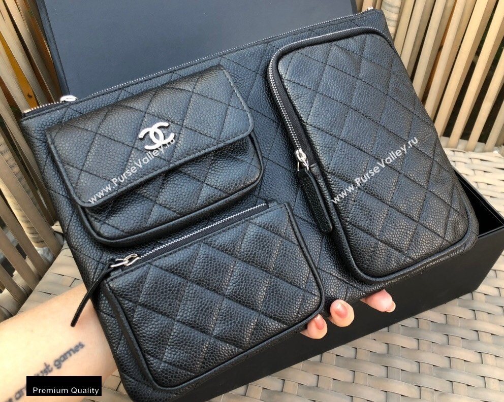 Chanel Pouch Clutch Bag with Multiple Pockets 1054 Caviar Leather Black 2020 (smjd-20091821)