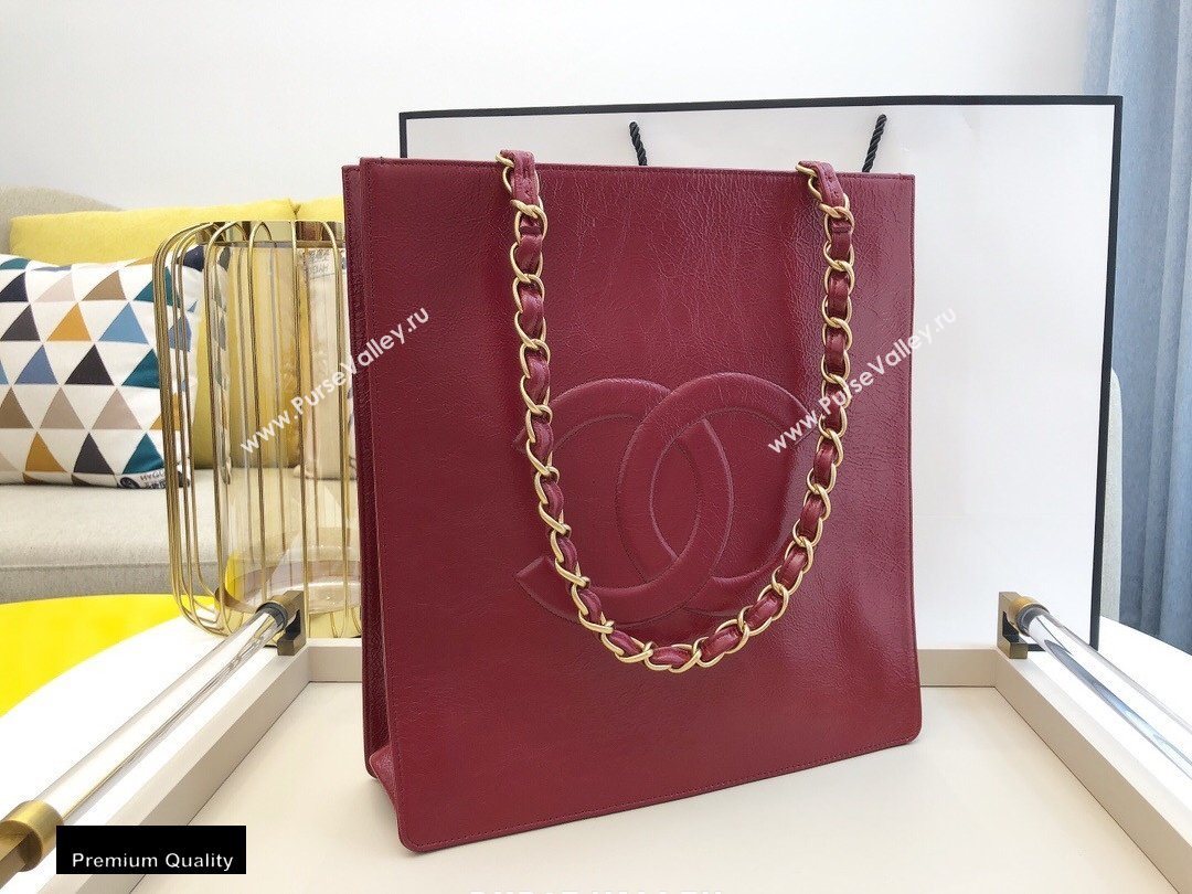 Chanel Shiny Aged Calfskin Vertical Shopping Tote Bag AS1945 Dark Red 2020 (smjd-20091717)