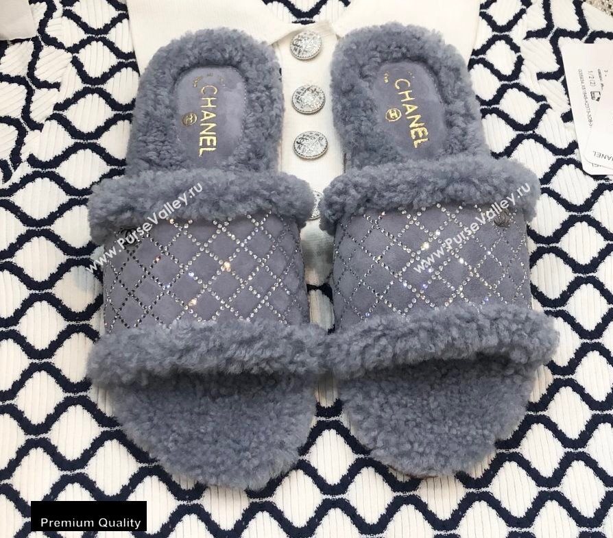 Chanel Shearling Fur Crystal Quilting Slipper Sandals Gray 2020 (modeng-20091917)