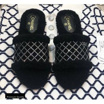 Chanel Shearling Fur Crystal Quilting Slipper Sandals Black 2020 (modeng-20091916)