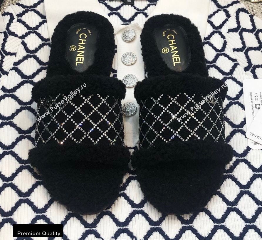 Chanel Shearling Fur Crystal Quilting Slipper Sandals Black 2020 (modeng-20091916)