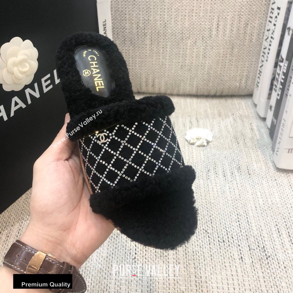 Chanel Shearling Fur Crystal Quilting Slipper Sandals Black 2020 (modeng-20091916)