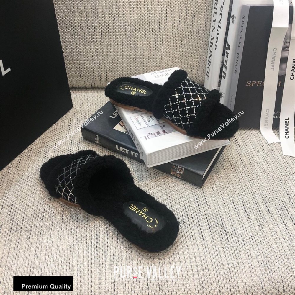 Chanel Shearling Fur Crystal Quilting Slipper Sandals Black 2020 (modeng-20091916)