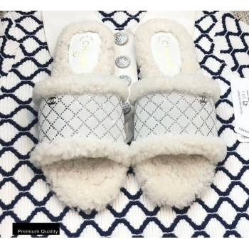 Chanel Shearling Fur Crystal Quilting Slipper Sandals White 2020 (modeng-20091918)