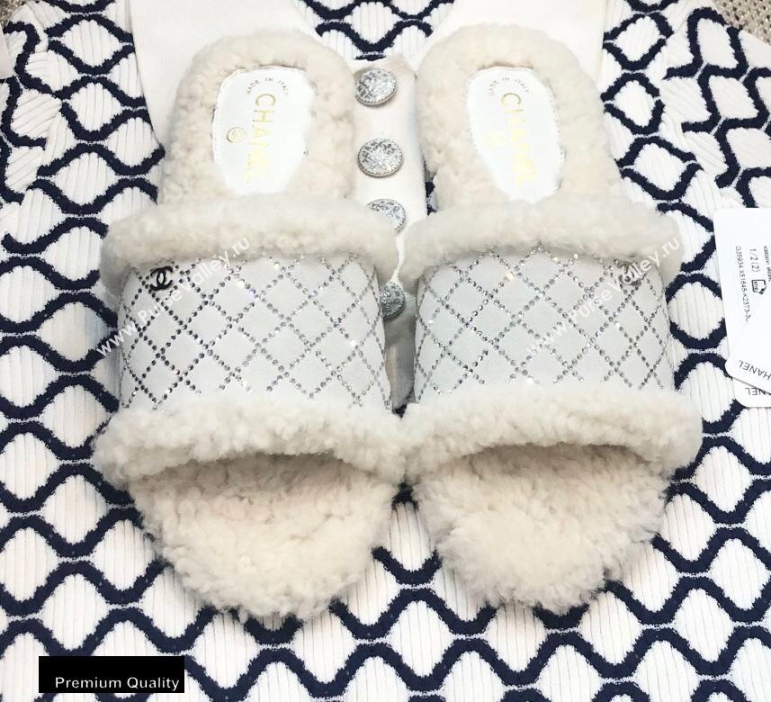 Chanel Shearling Fur Crystal Quilting Slipper Sandals White 2020 (modeng-20091918)