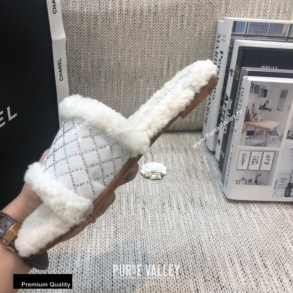 Chanel Shearling Fur Crystal Quilting Slipper Sandals White 2020 (modeng-20091918)