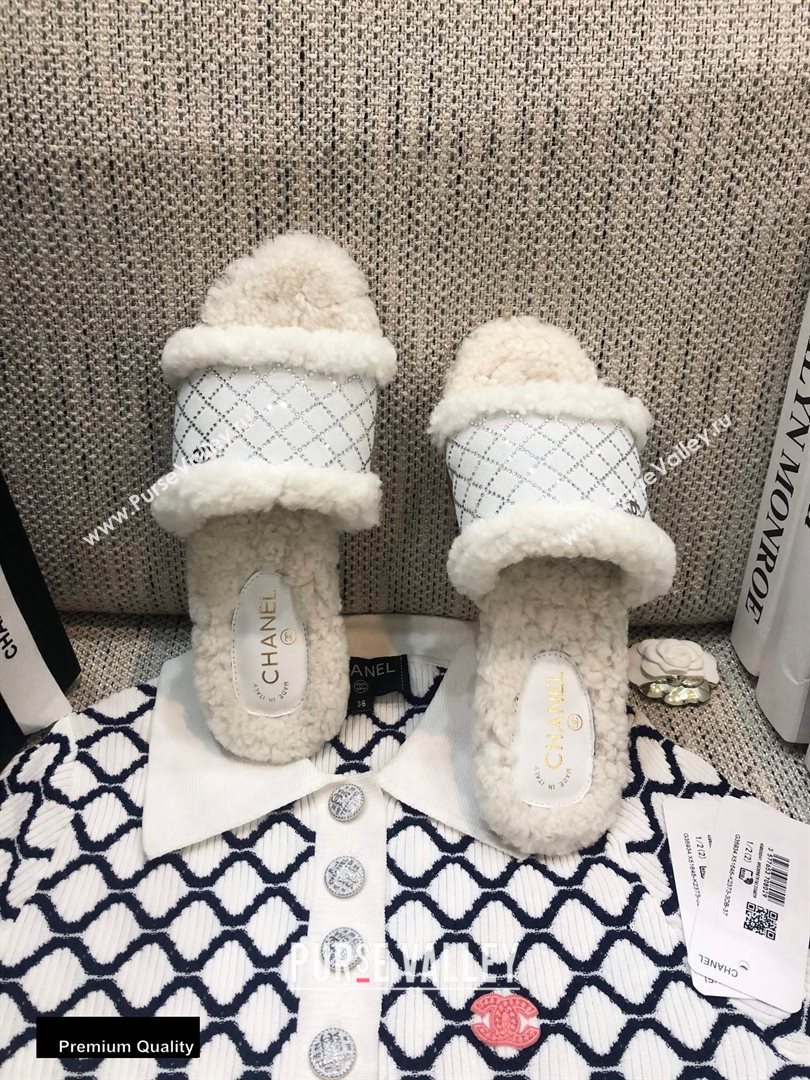 Chanel Shearling Fur Crystal Quilting Slipper Sandals White 2020 (modeng-20091918)