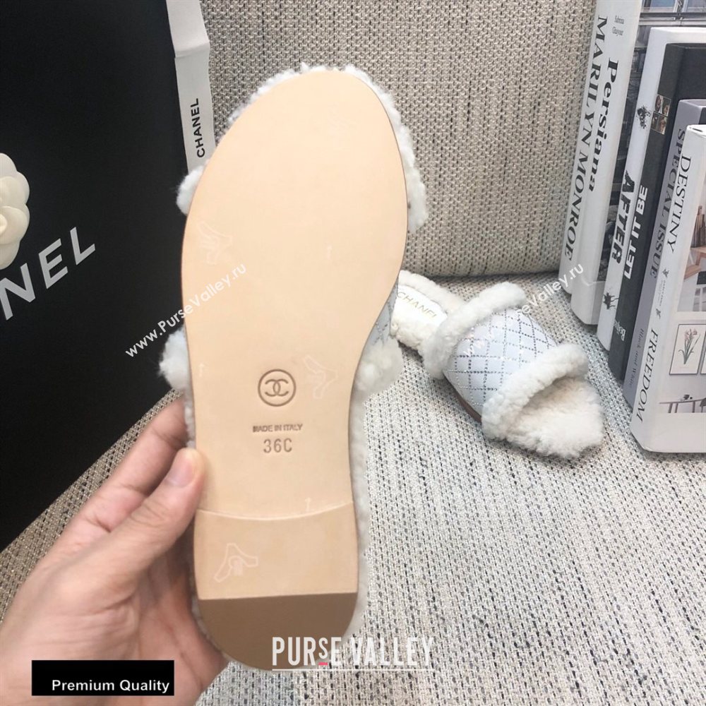 Chanel Shearling Fur Crystal Quilting Slipper Sandals White 2020 (modeng-20091918)