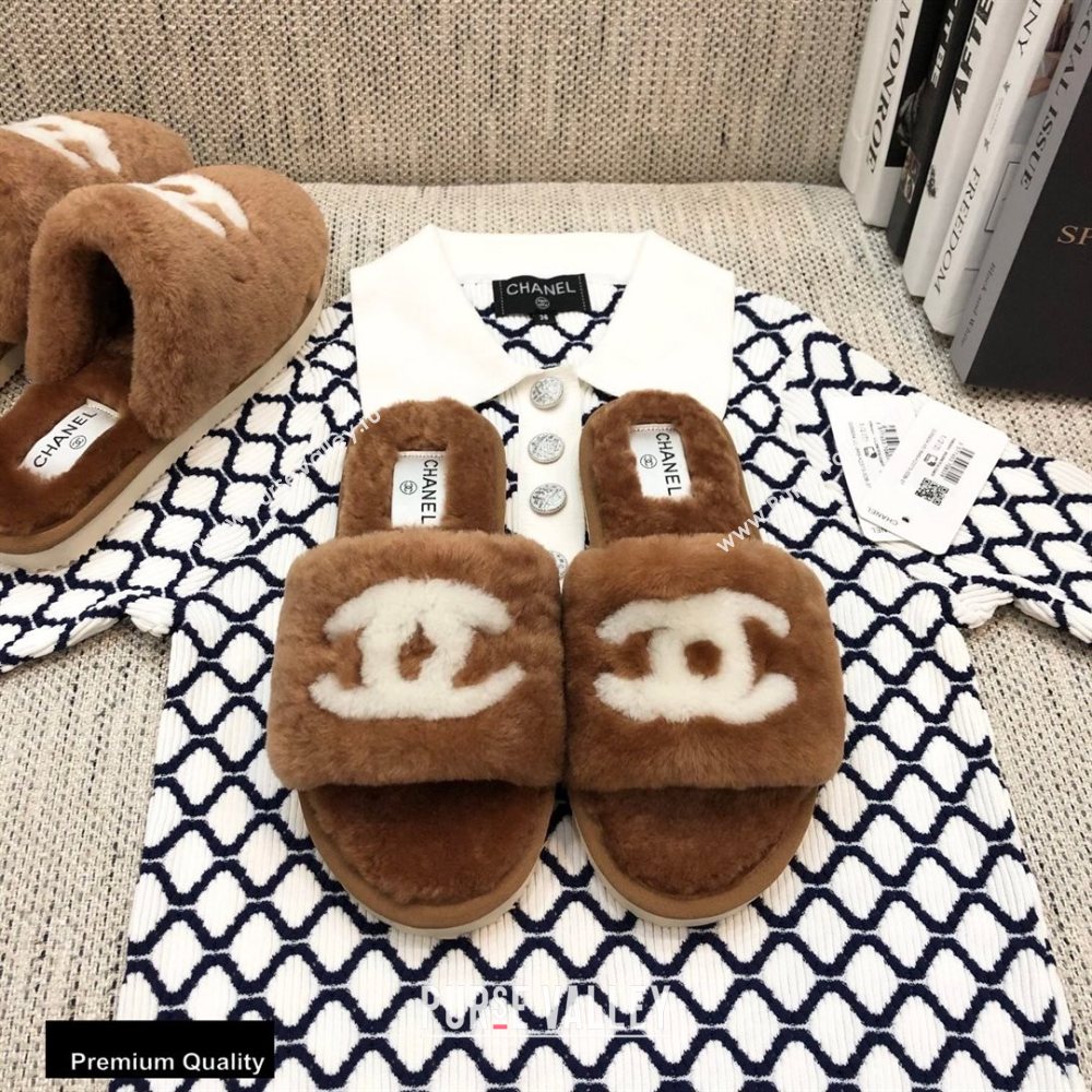 Chanel All Shearling Fur CC Logo Slipper Sandals Brown 2020 (modeng-20092110)