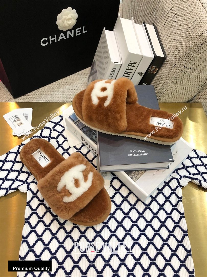 Chanel All Shearling Fur CC Logo Slipper Sandals Brown 2020 (modeng-20092110)