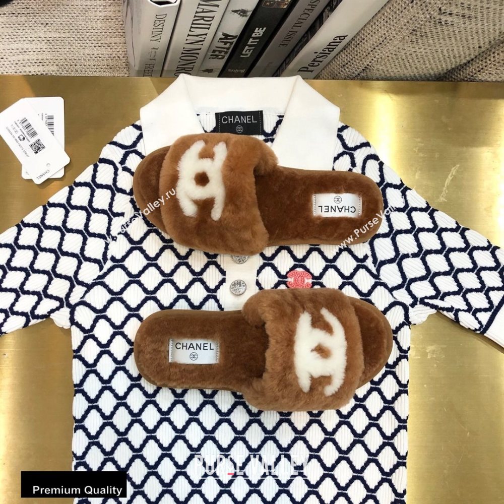 Chanel All Shearling Fur CC Logo Slipper Sandals Brown 2020 (modeng-20092110)