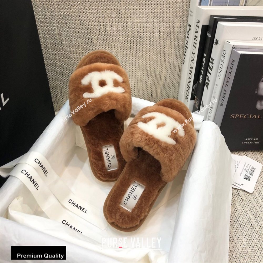 Chanel All Shearling Fur CC Logo Slipper Sandals Brown 2020 (modeng-20092110)