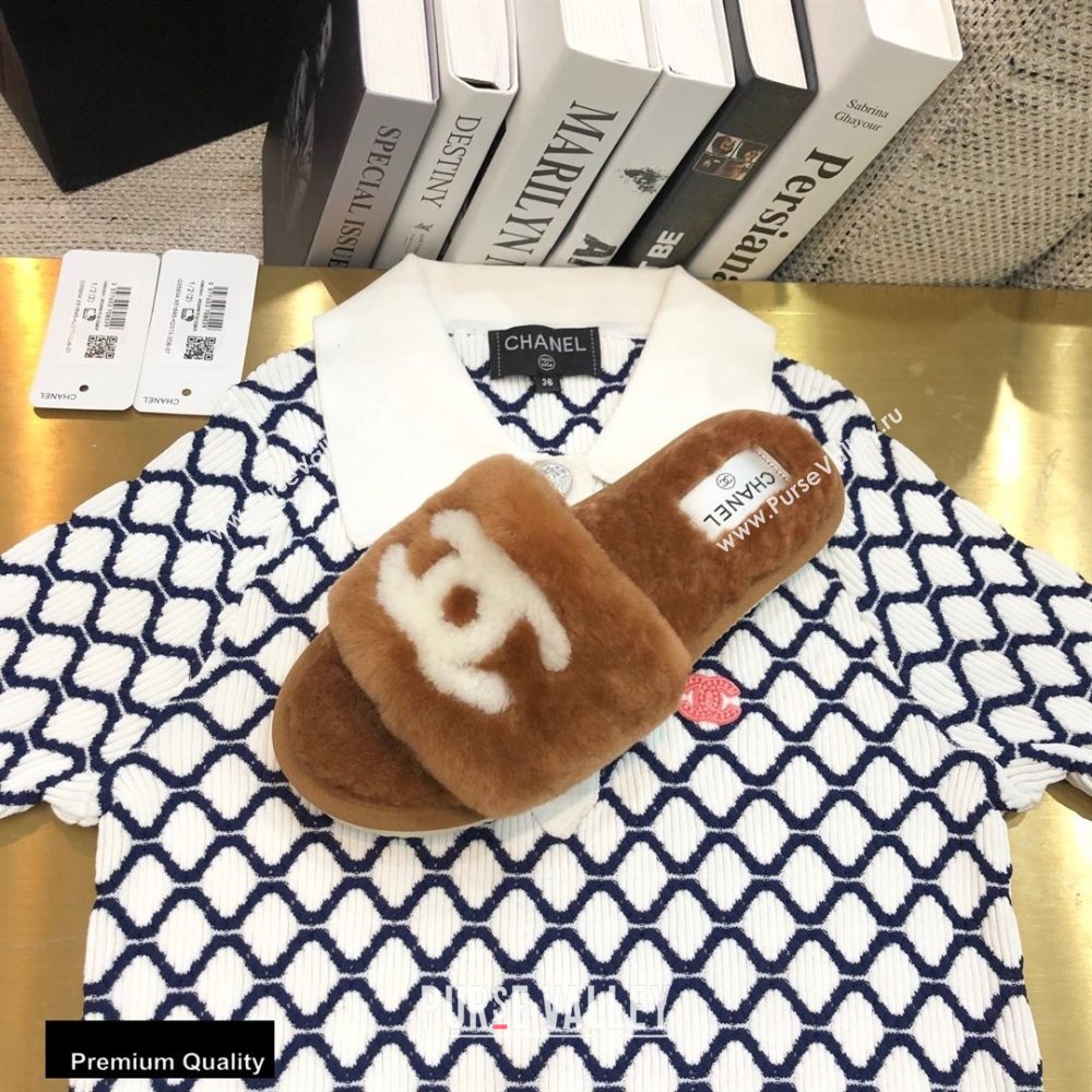 Chanel All Shearling Fur CC Logo Slipper Sandals Brown 2020 (modeng-20092110)