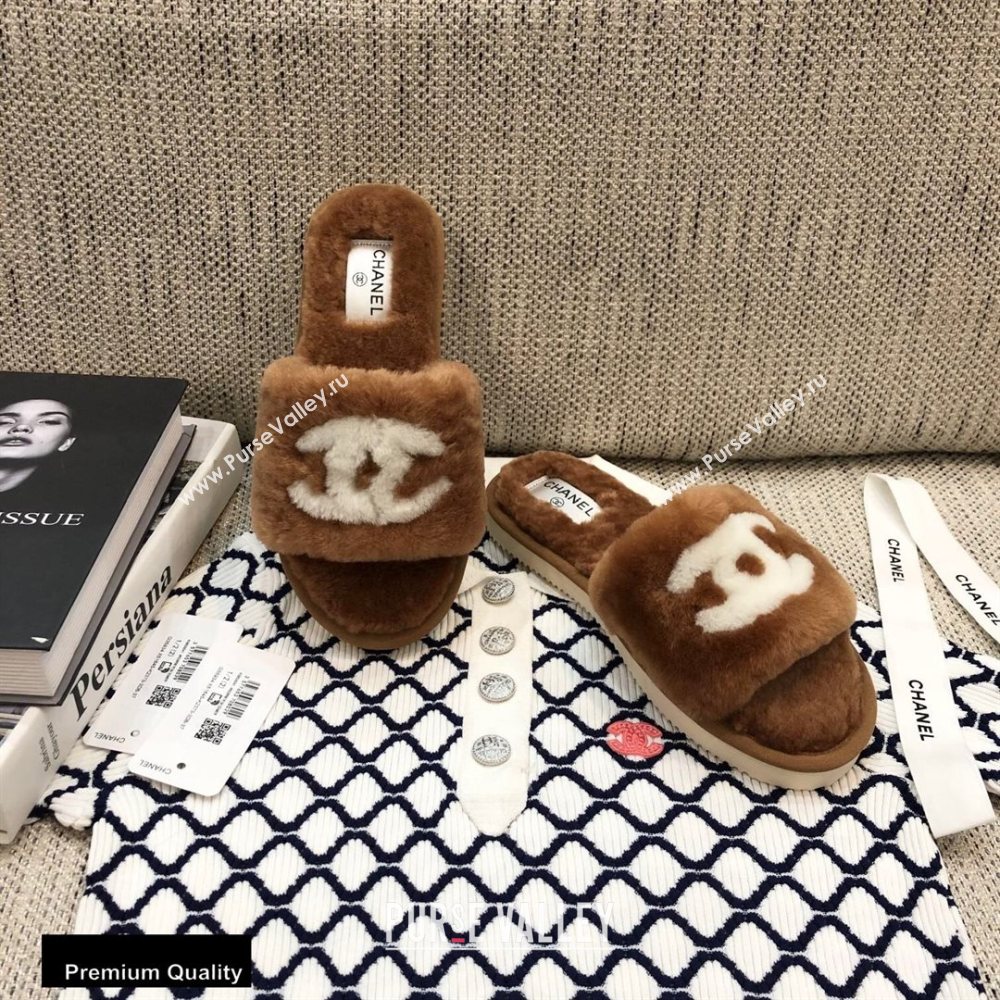 Chanel All Shearling Fur CC Logo Slipper Sandals Brown 2020 (modeng-20092110)