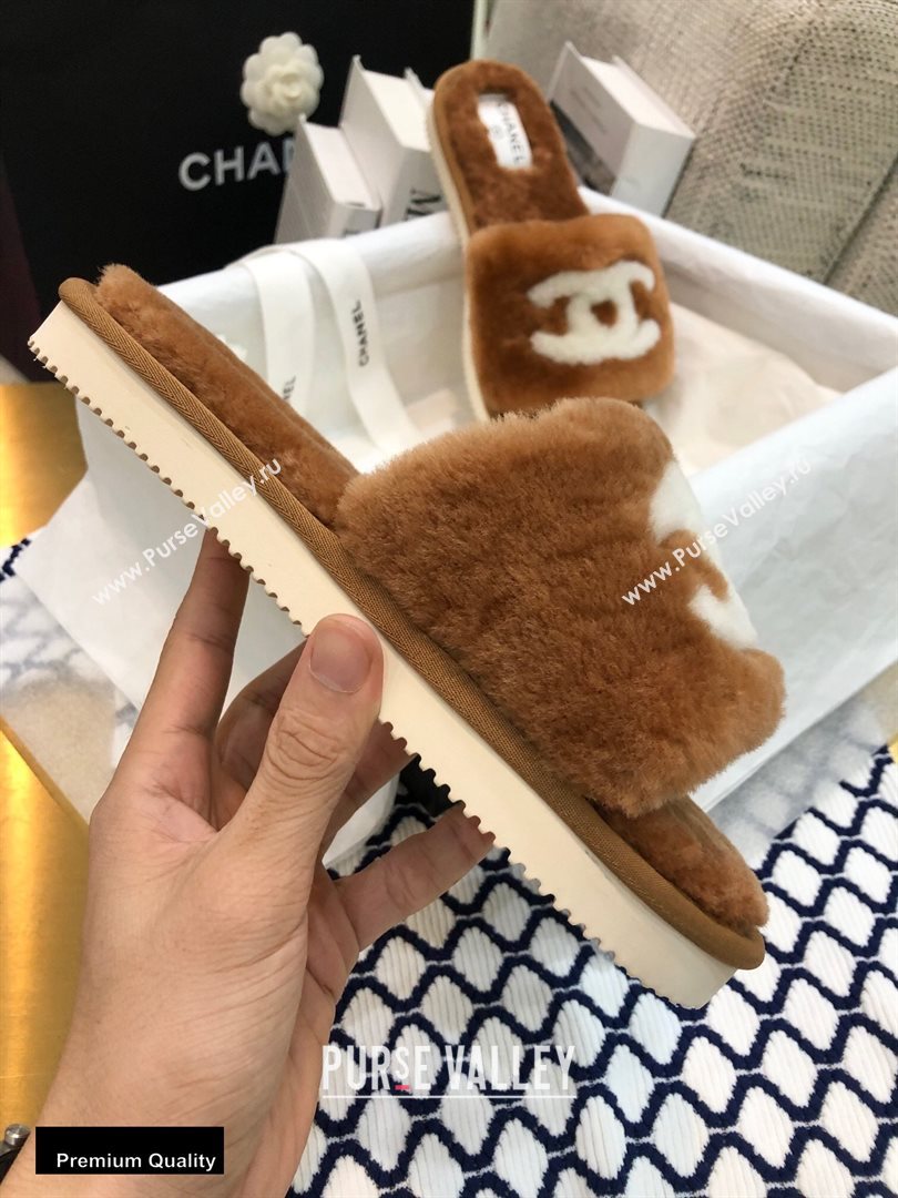 Chanel All Shearling Fur CC Logo Slipper Sandals Brown 2020 (modeng-20092110)