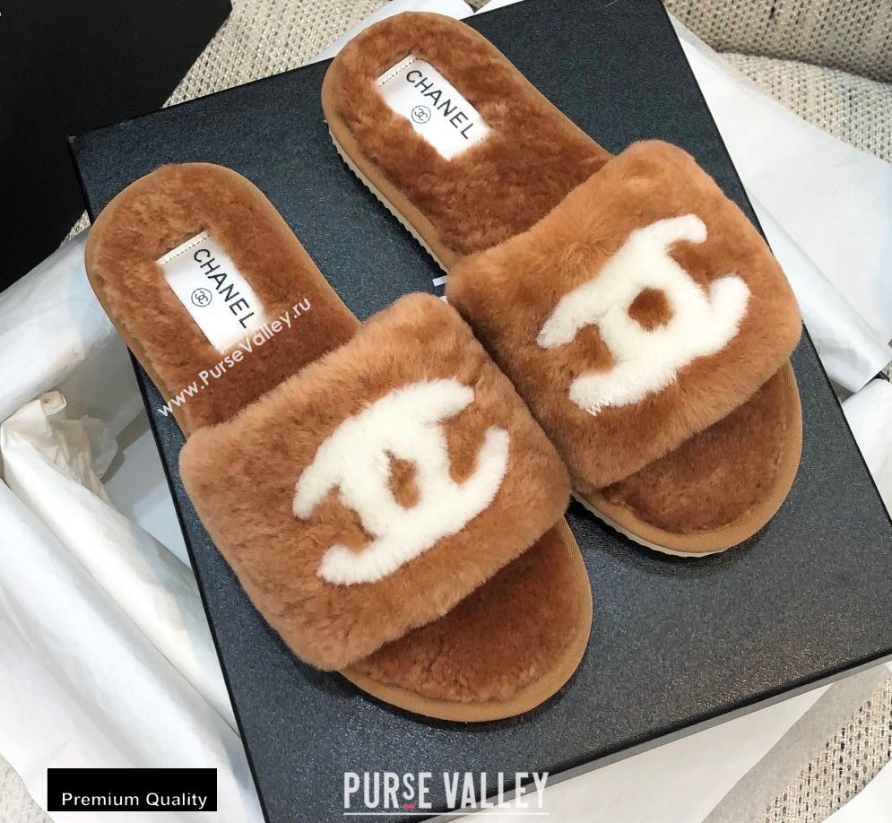 Chanel All Shearling Fur CC Logo Slipper Sandals Brown 2020 (modeng-20092110)