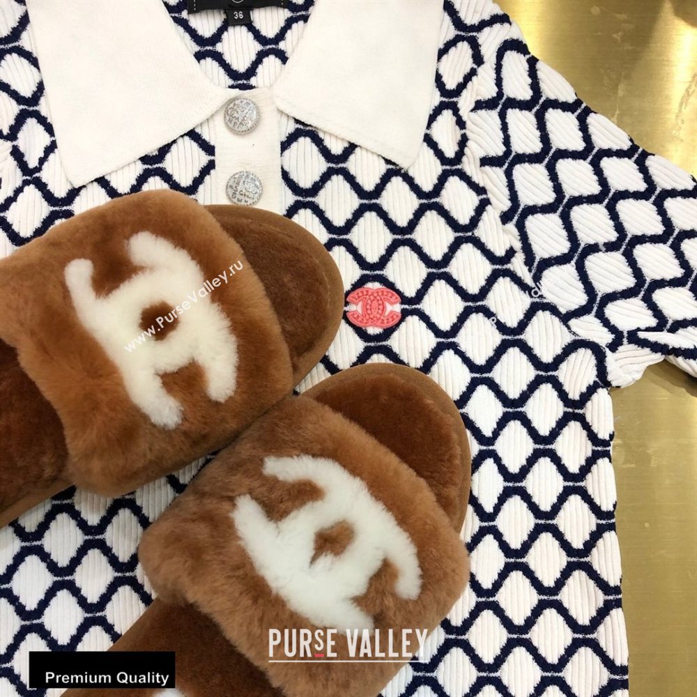 Chanel All Shearling Fur CC Logo Slipper Sandals Brown 2020 (modeng-20092110)