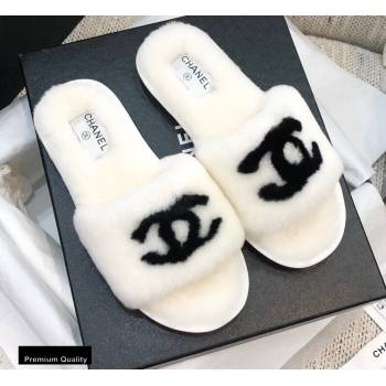 Chanel All Shearling Fur CC Logo Slipper Sandals White 2020 (modeng-20092111)