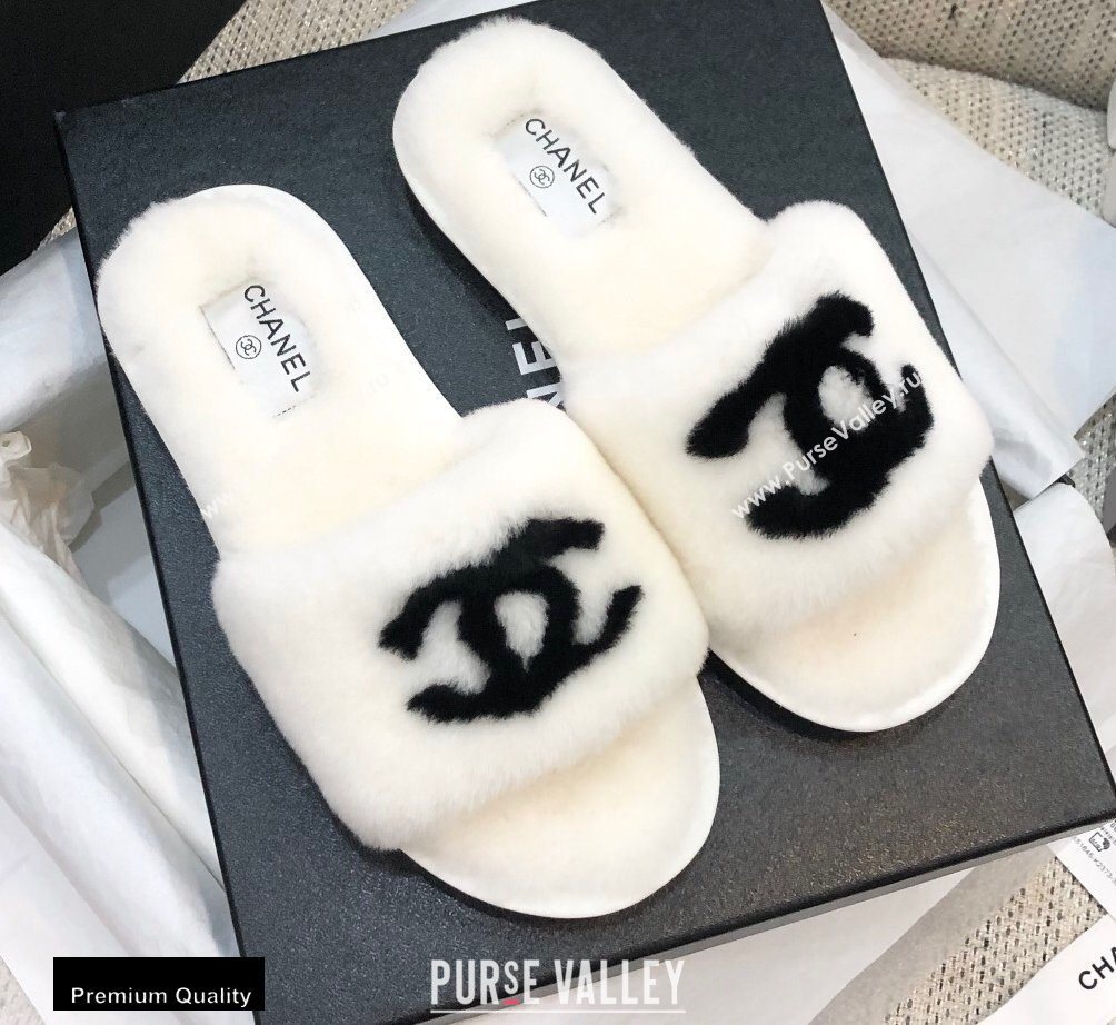 Chanel All Shearling Fur CC Logo Slipper Sandals White 2020 (modeng-20092111)