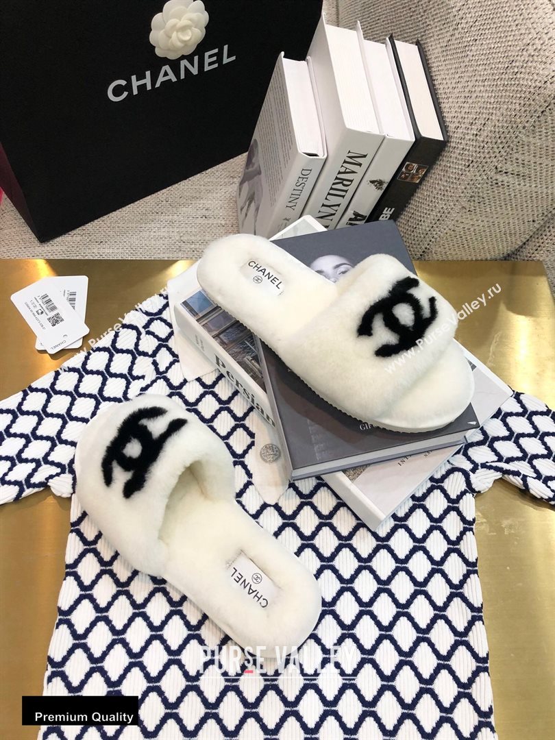 Chanel All Shearling Fur CC Logo Slipper Sandals White 2020 (modeng-20092111)