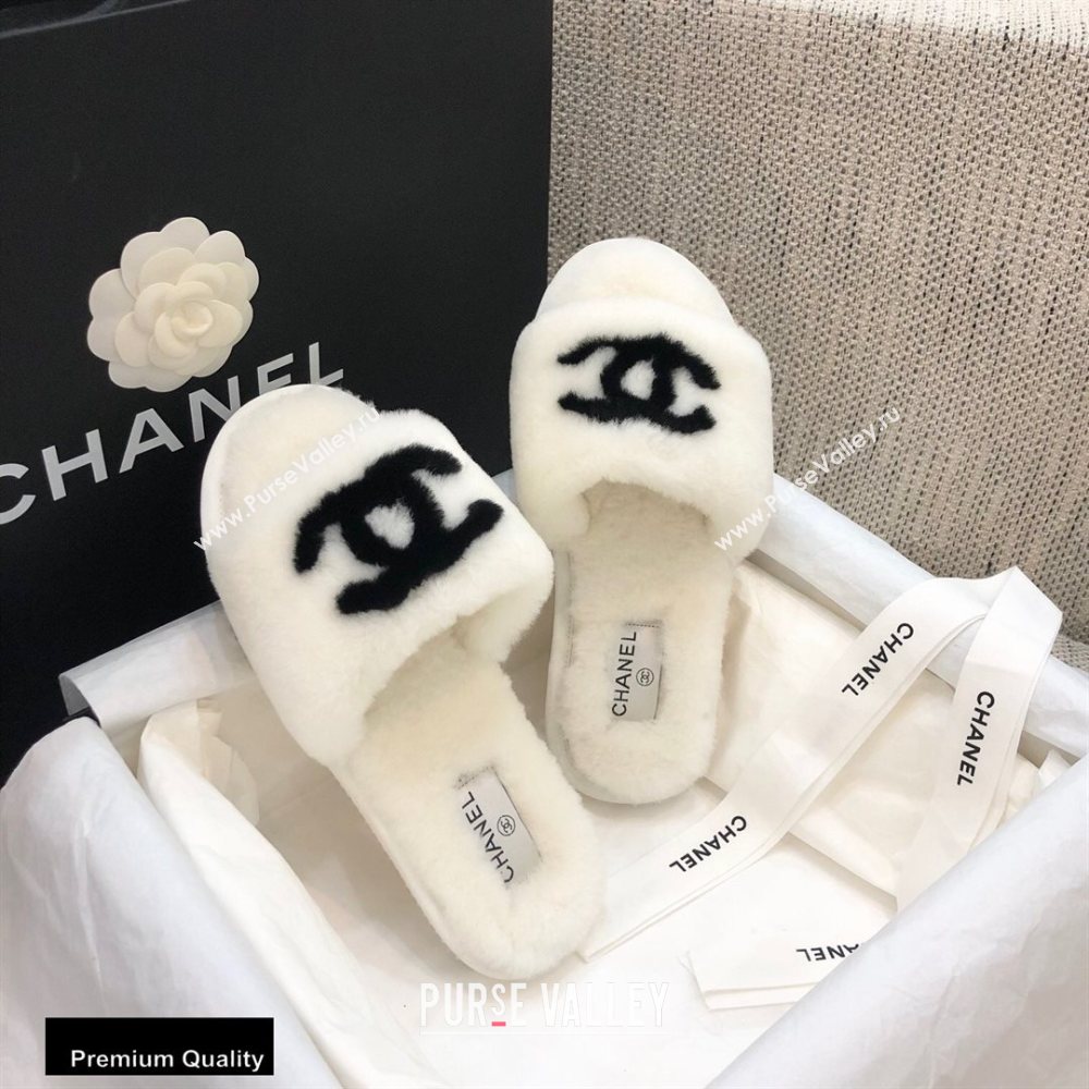Chanel All Shearling Fur CC Logo Slipper Sandals White 2020 (modeng-20092111)