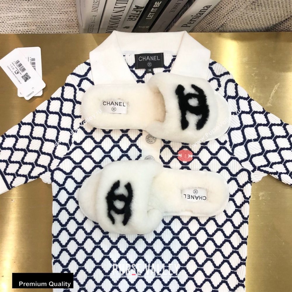 Chanel All Shearling Fur CC Logo Slipper Sandals White 2020 (modeng-20092111)