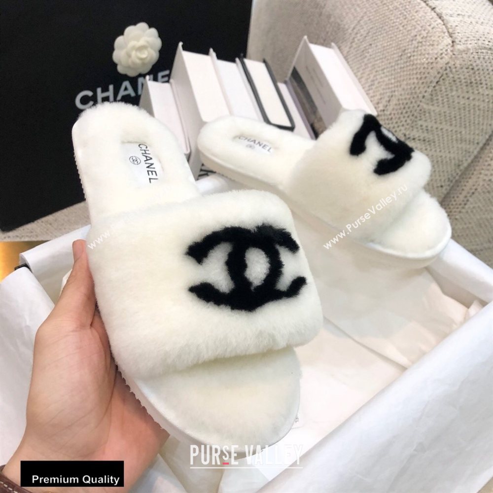 Chanel All Shearling Fur CC Logo Slipper Sandals White 2020 (modeng-20092111)