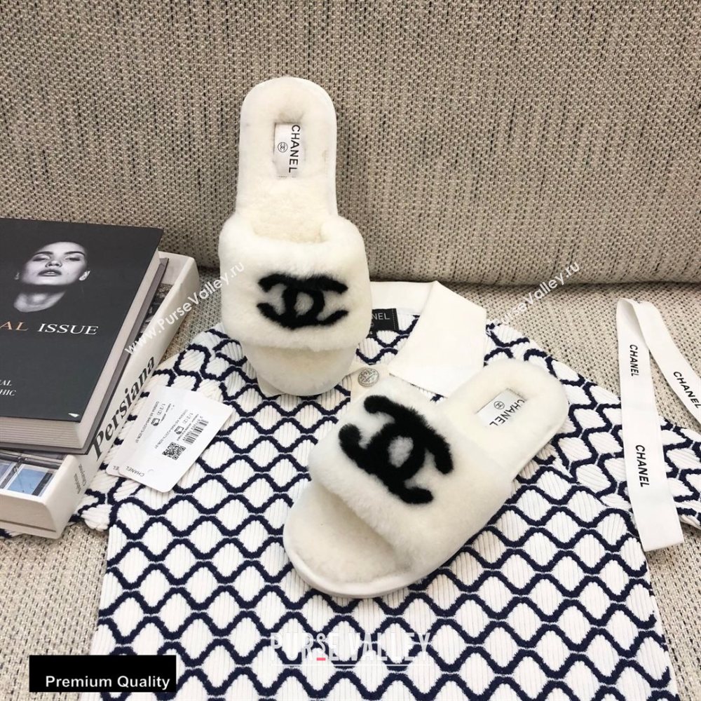 Chanel All Shearling Fur CC Logo Slipper Sandals White 2020 (modeng-20092111)