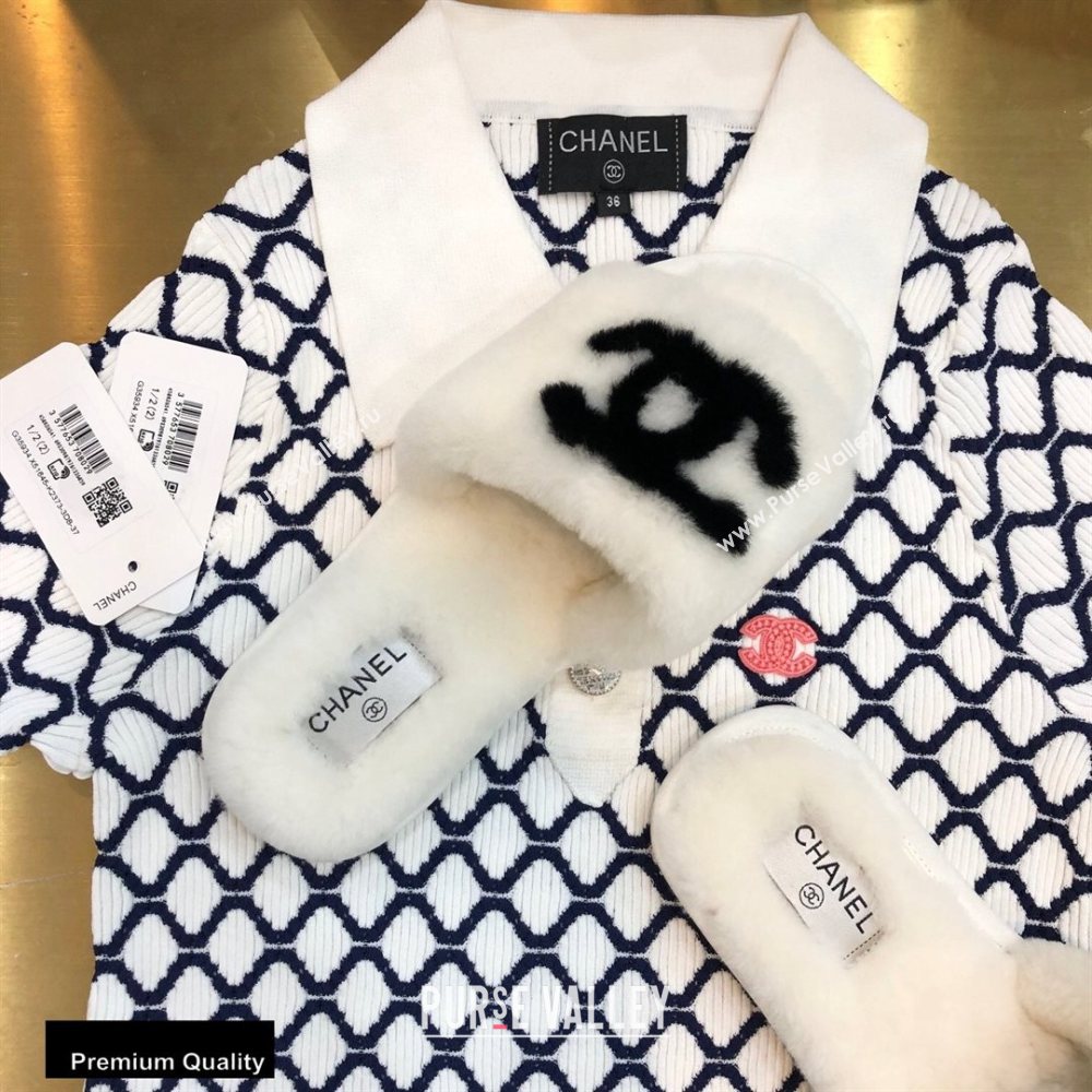 Chanel All Shearling Fur CC Logo Slipper Sandals White 2020 (modeng-20092111)
