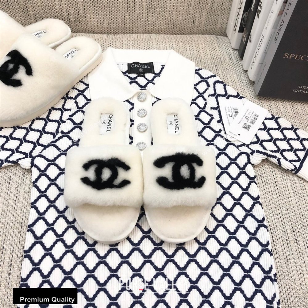 Chanel All Shearling Fur CC Logo Slipper Sandals White 2020 (modeng-20092111)