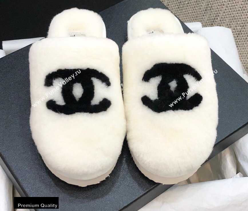 Chanel All Shearling Fur CC Logo Mules White 2020 (modeng-20092104)