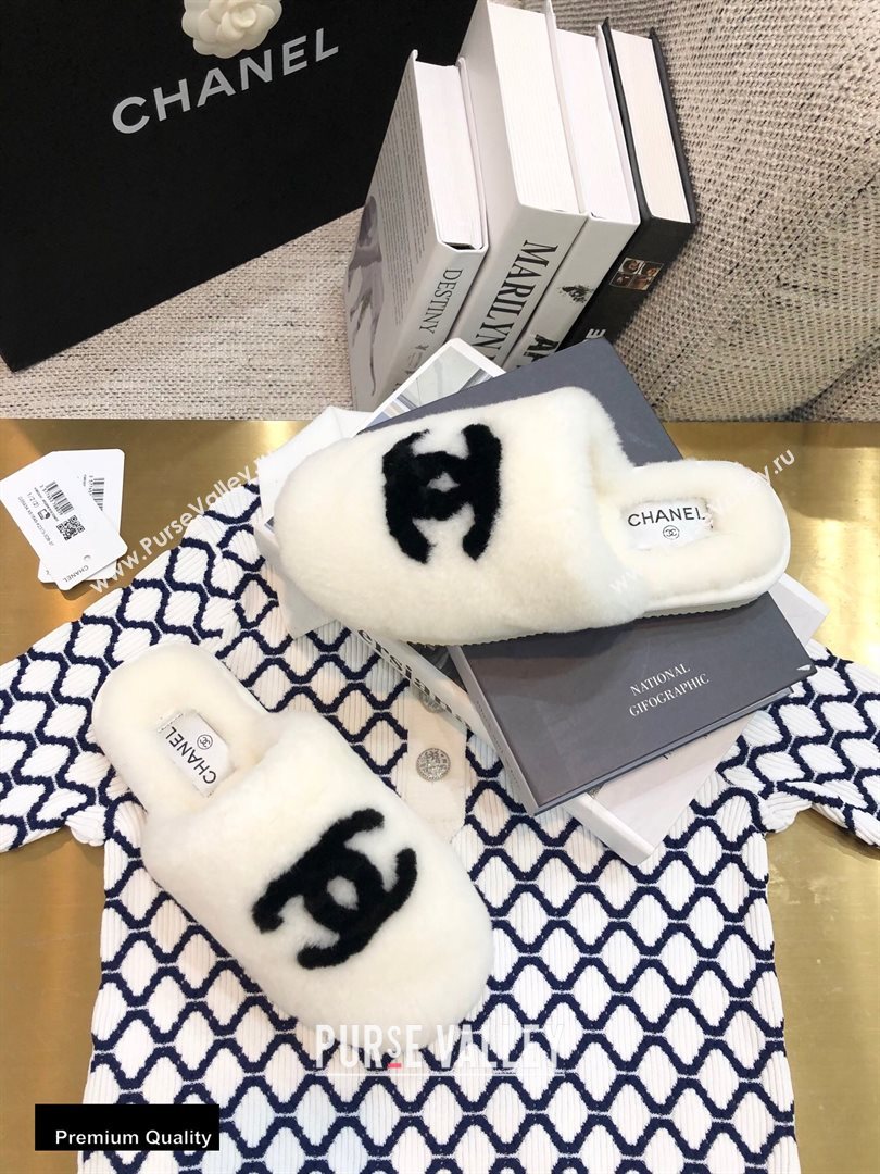 Chanel All Shearling Fur CC Logo Mules White 2020 (modeng-20092104)