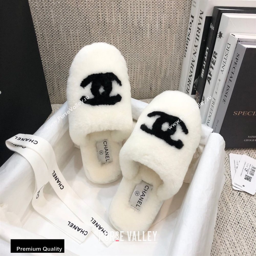 Chanel All Shearling Fur CC Logo Mules White 2020 (modeng-20092104)