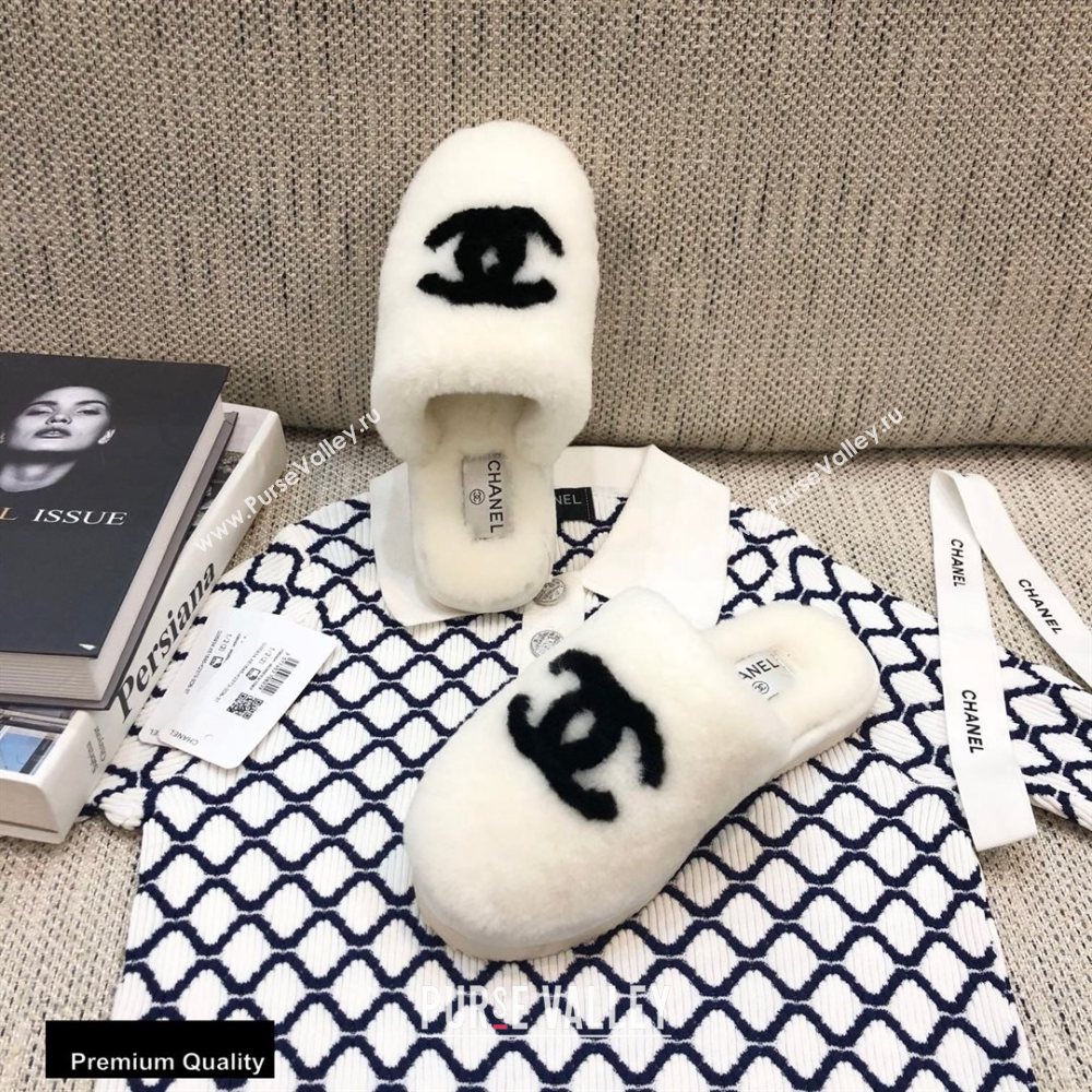 Chanel All Shearling Fur CC Logo Mules White 2020 (modeng-20092104)