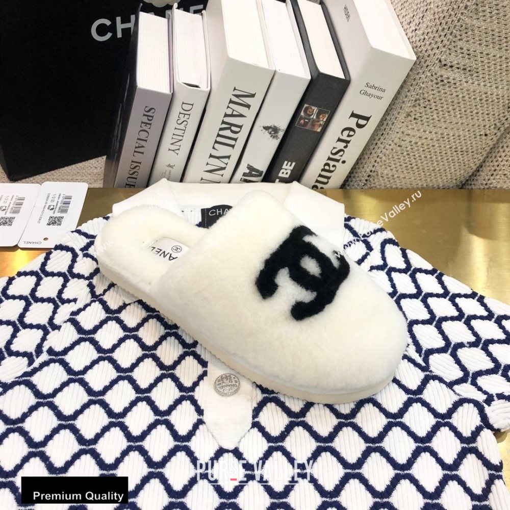 Chanel All Shearling Fur CC Logo Mules White 2020 (modeng-20092104)