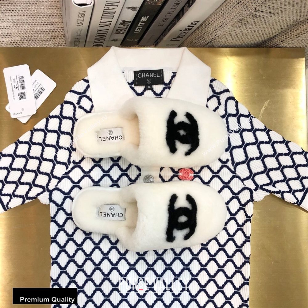Chanel All Shearling Fur CC Logo Mules White 2020 (modeng-20092104)