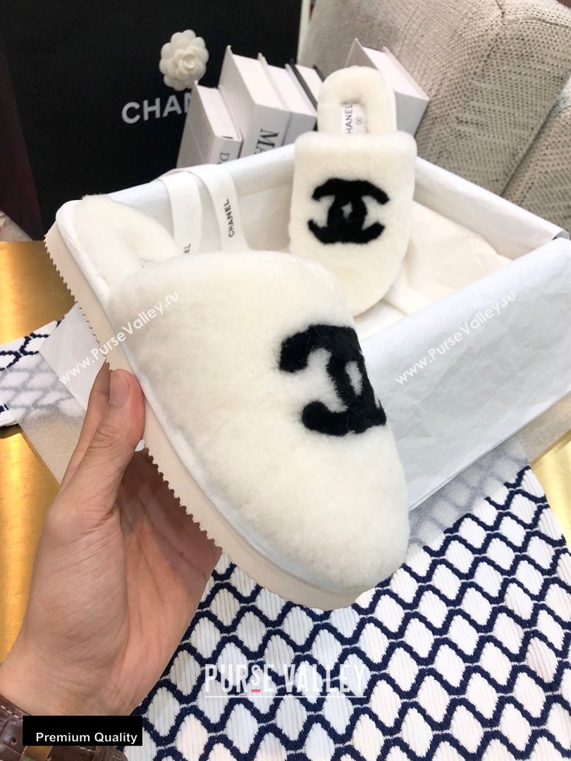 Chanel All Shearling Fur CC Logo Mules White 2020 (modeng-20092104)