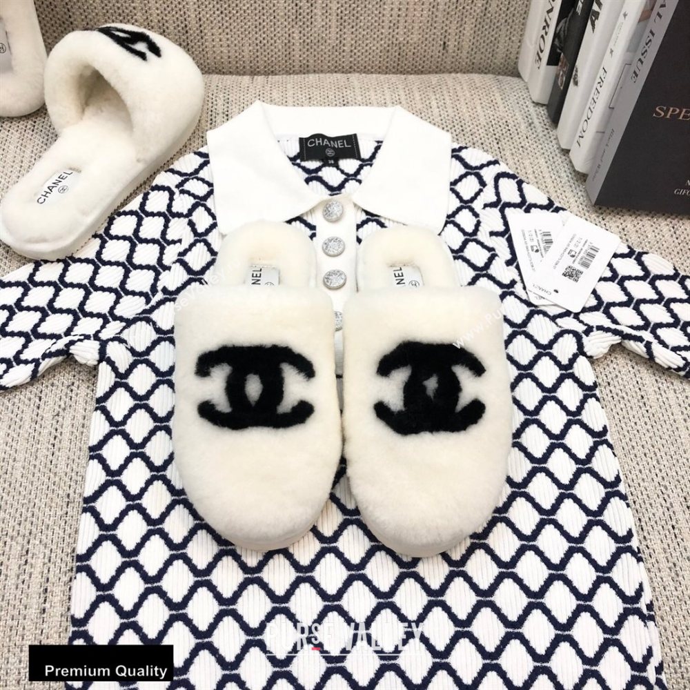 Chanel All Shearling Fur CC Logo Mules White 2020 (modeng-20092104)
