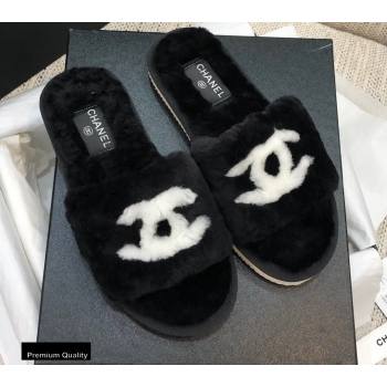 Chanel All Shearling Fur CC Logo Slipper Sandals Black 2020 (modeng-20092108)