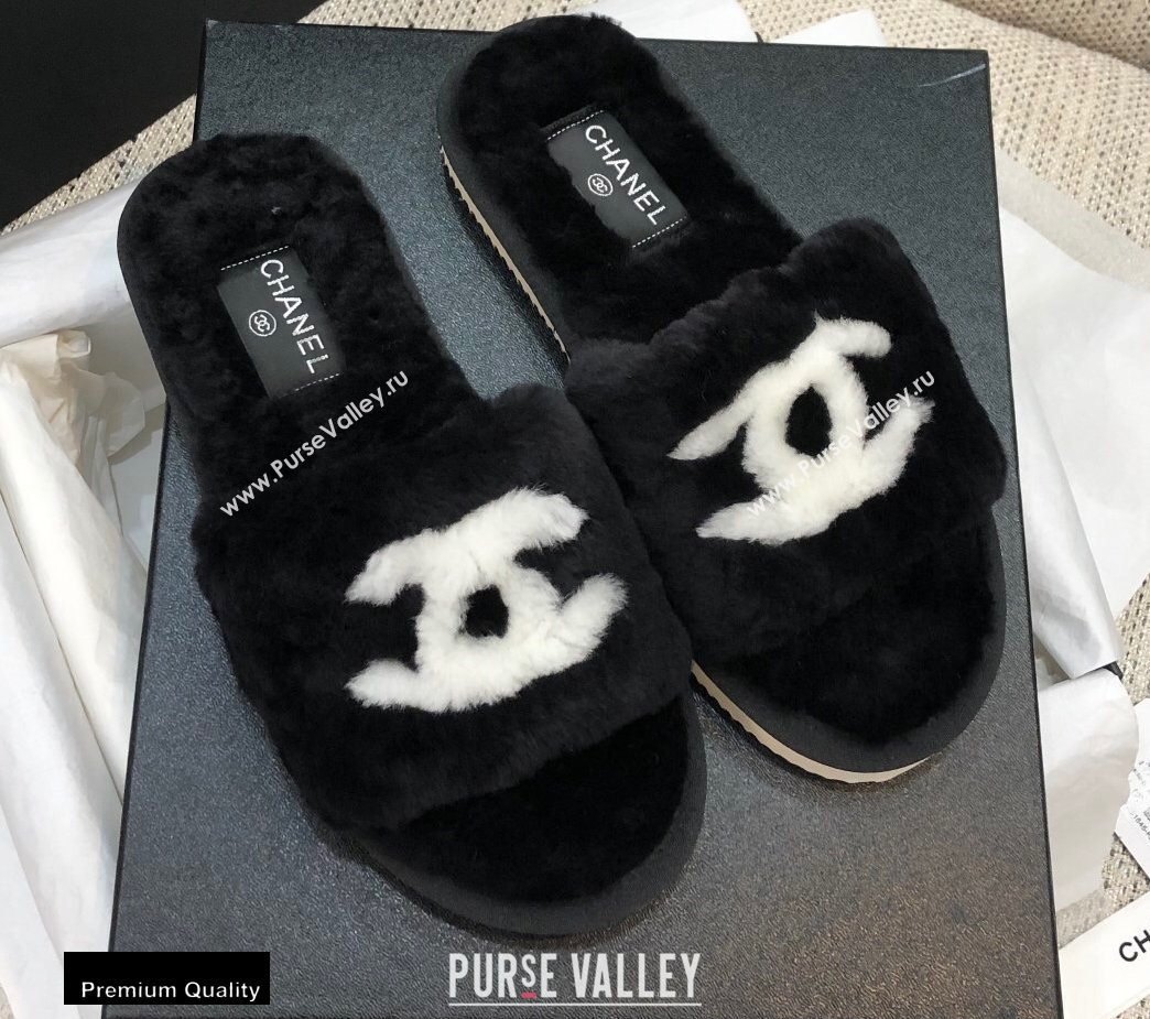 Chanel All Shearling Fur CC Logo Slipper Sandals Black 2020 (modeng-20092108)