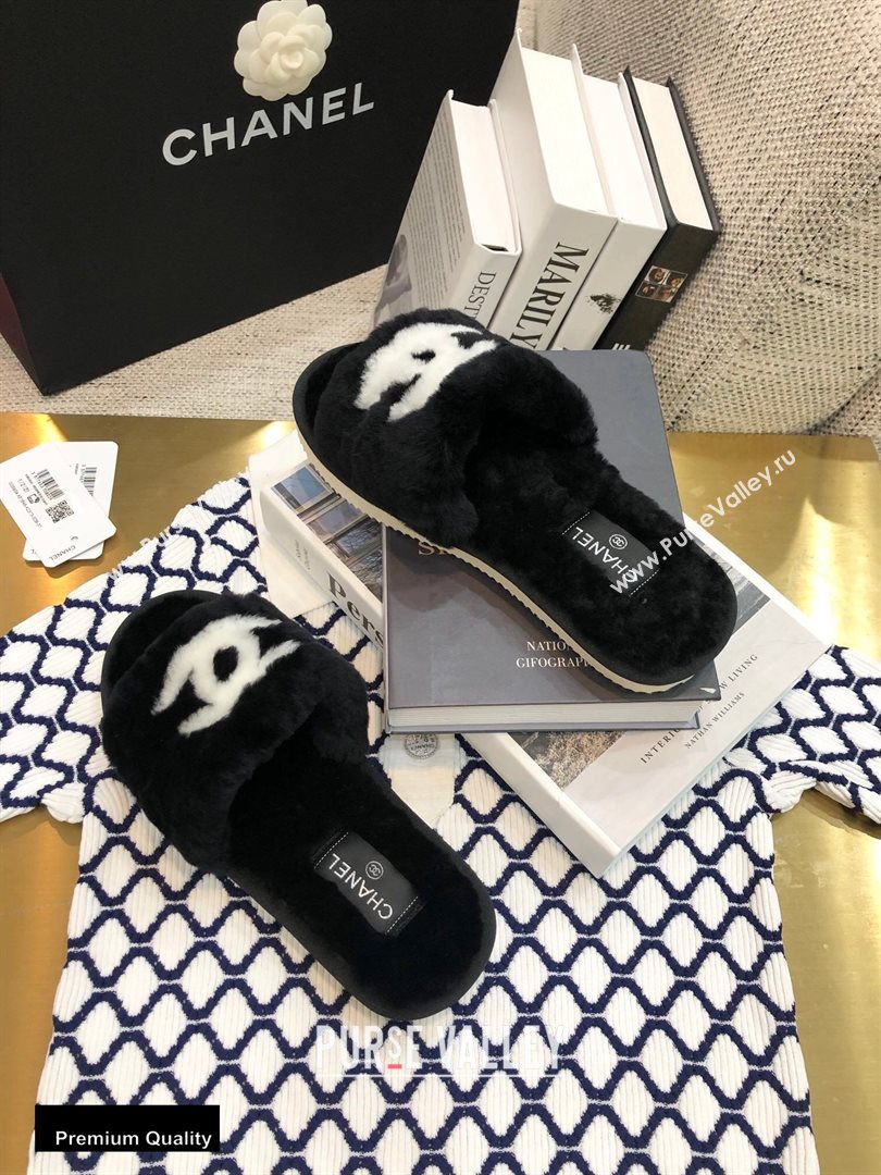 Chanel All Shearling Fur CC Logo Slipper Sandals Black 2020 (modeng-20092108)