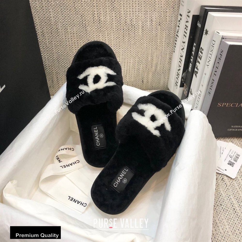 Chanel All Shearling Fur CC Logo Slipper Sandals Black 2020 (modeng-20092108)