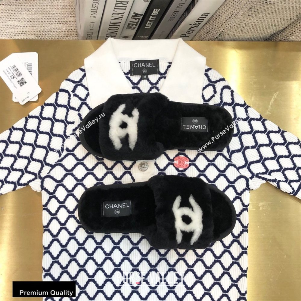 Chanel All Shearling Fur CC Logo Slipper Sandals Black 2020 (modeng-20092108)