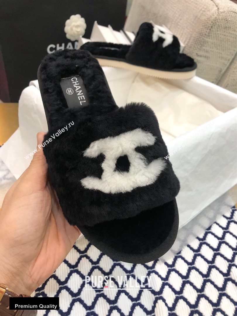 Chanel All Shearling Fur CC Logo Slipper Sandals Black 2020 (modeng-20092108)