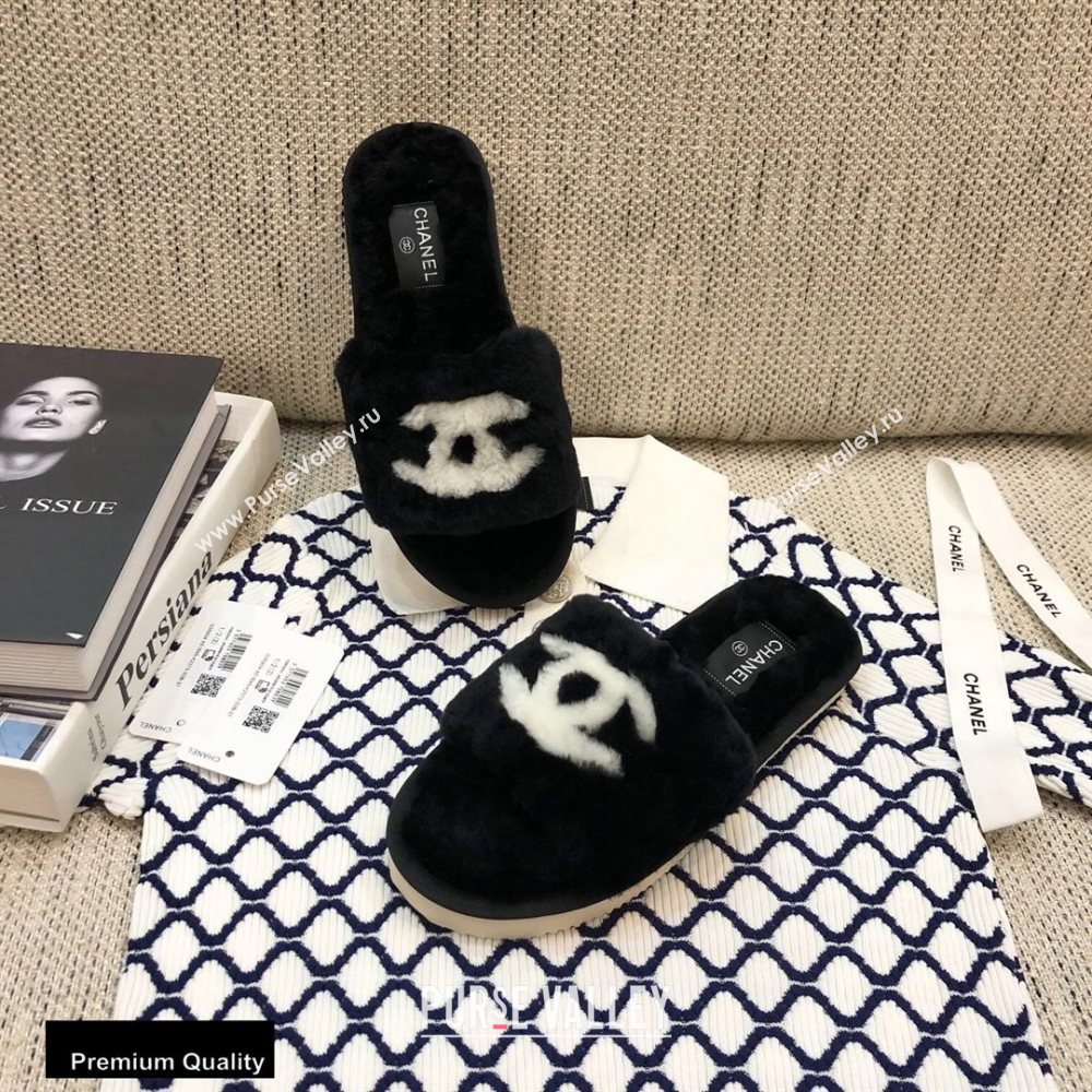 Chanel All Shearling Fur CC Logo Slipper Sandals Black 2020 (modeng-20092108)