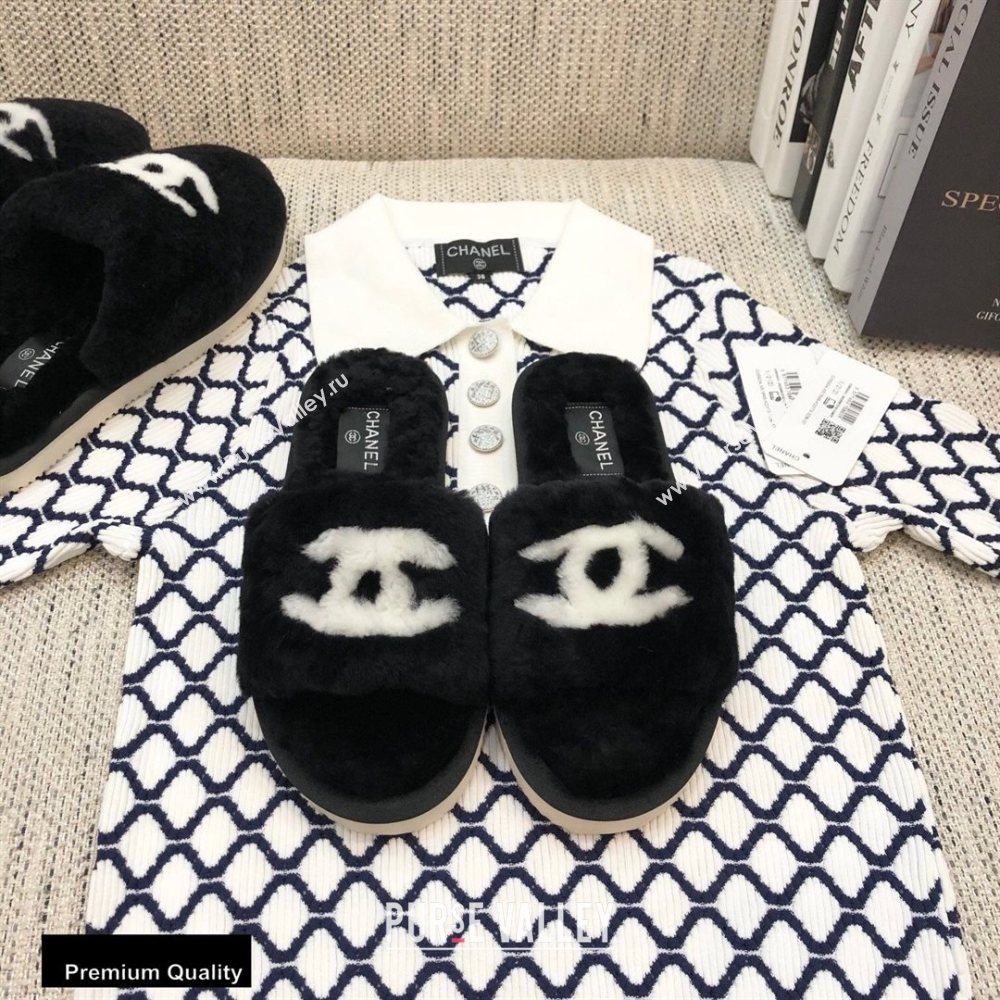 Chanel All Shearling Fur CC Logo Slipper Sandals Black 2020 (modeng-20092108)