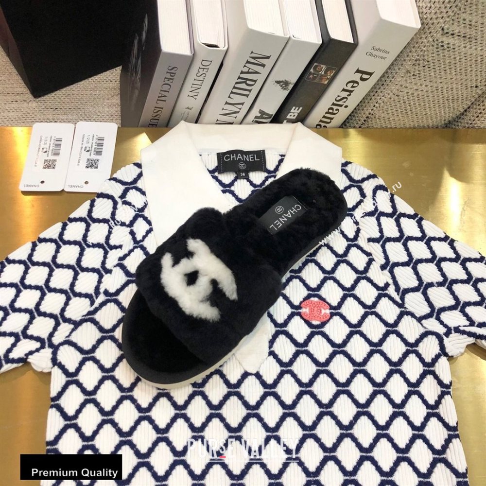 Chanel All Shearling Fur CC Logo Slipper Sandals Black 2020 (modeng-20092108)